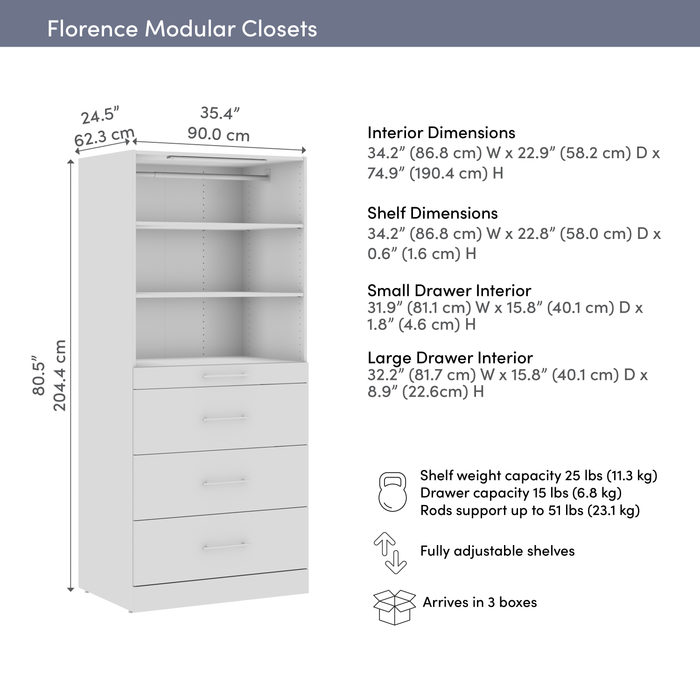 Bestar Florence 36\" Modular Reach-In/Walk-In Closet System Tower with LED Light, Shelves and 4 Drawers Slab Style - White