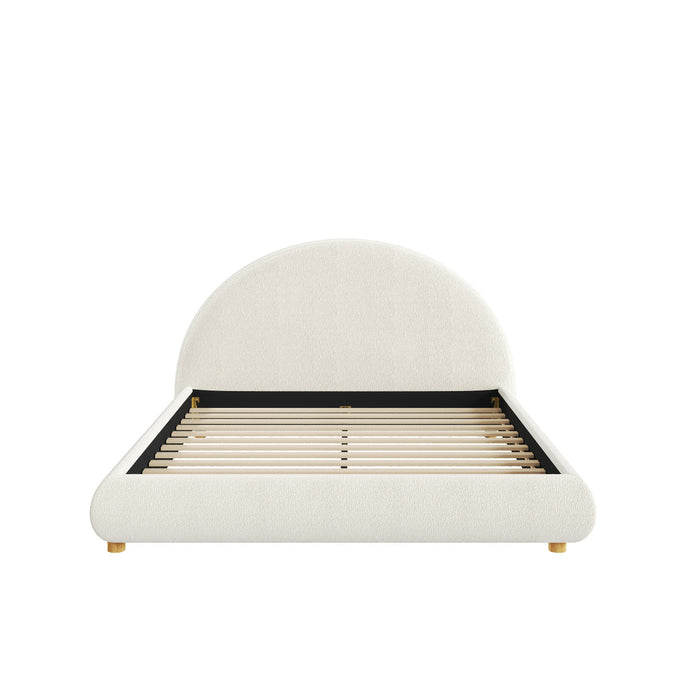 Harold Platform Bed with Boucle Upholstered Round Curved Headboard and Low-Profile Frame,Queen Size,White Queen Bed