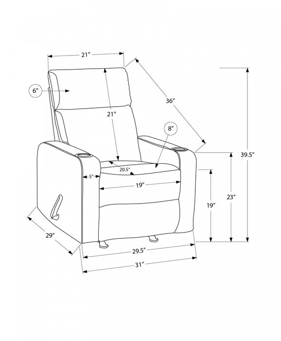 Upholstered Small Reclining Chair, Manual Rocker, Cup Holders, Dark Grey Fabric Recliner