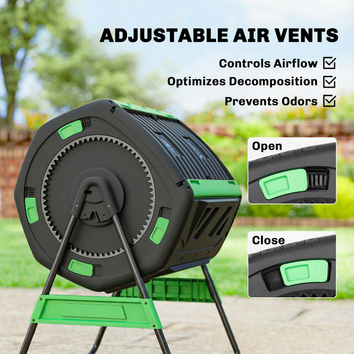 Outsunny Compost Bin Outdoor, 53 Gal Dual Chamber Tumbling Composter with Adjustable Vents, BPA Free Rotating Tumbling Composter with 2 Sliding Doors for Garden, Yard, Green