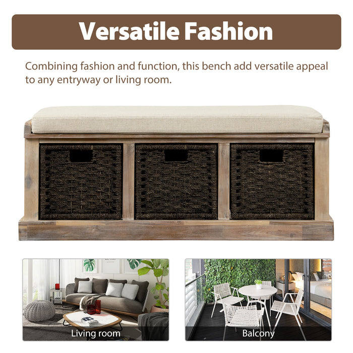 Leif Solid Wood And Rattan Baskets Storage Bench With Cushioned Seat - White