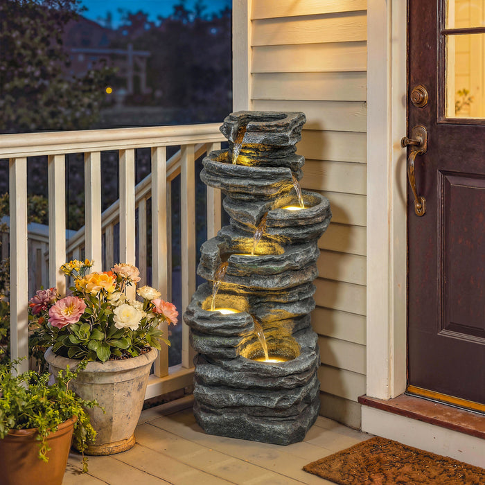 Outsunny Outdoor 6-Tier Water Fountain, Waterfall Fountain with LED Lights