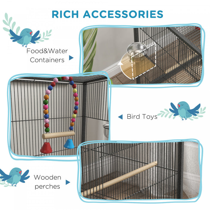 Pawhut 29\" Bird Cage With Rolling Stand For Parrots, Love Birds, And Finches, Large Bird Cage With Colourful Swing, Stainless Steel Bowls, Removable Tray - Grey