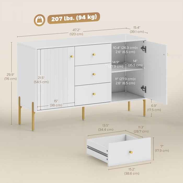HOMCOM 47\" Buffet Cabinet with 3 Drawers and 2 Doors Modern Sideboard White