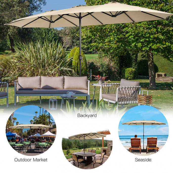 Costway 15FT Double-Sided Twin Patio Umbrella Outdoor Market with Crank & Base Beige