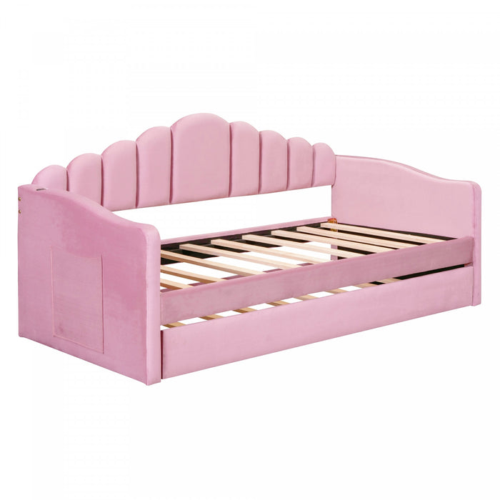 Lily Upholstered Daybed with Trundle and USB Charging Ports,Twin Size,Pink Twin Bed