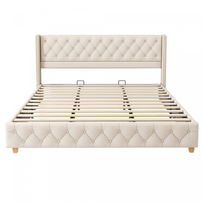 Haley Linen Upholstered Platform Bed with Classic Wingback Headboard and Diamond Tufted Upholstery,King Size,Beige King Bed