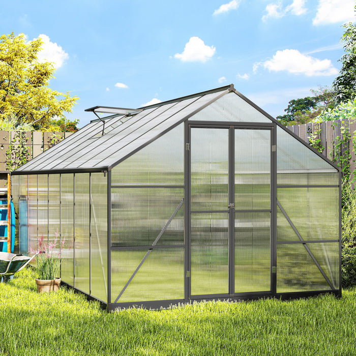 Outsunny Polycarbonate Greenhouse, Aluminum Walk-in Green House, Dark Grey