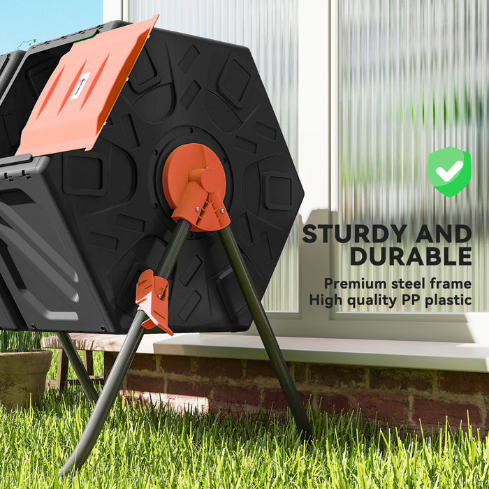 Outsunny 34.5 Gallon Dual Chamber Compost Bin, Rotating Composter, Compost Tumbler with 24 Ventilation Openings and Steel Legs, Orange