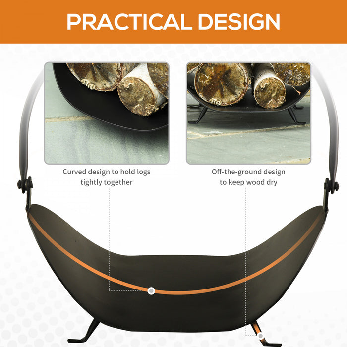 Outsunny 16\" Firewood Log Rack Curved Fireplace Log Holder Wood Storage Basket Carrier With Handle, For Outdoor And Indoor Use, Black