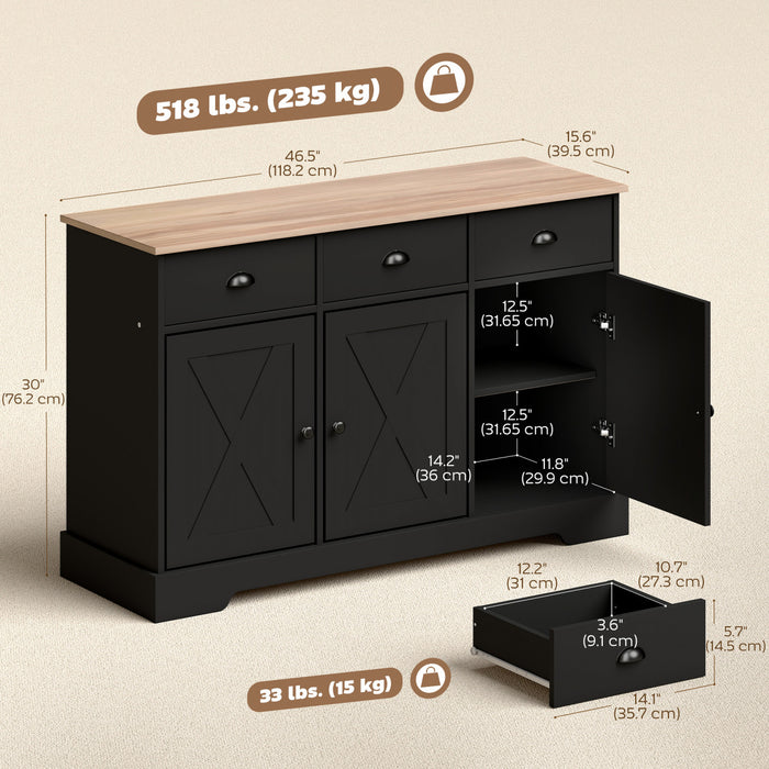 HOMCOM 46.5\" Sideboard Buffet Cabinet with 3 Barn Doors and 3 Drawers Black