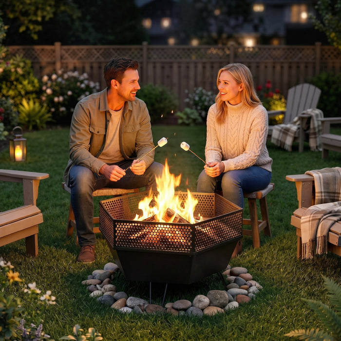 Outdoor Fire Pit with Fire Poker, Foldable Wood Burning Firepits, Black