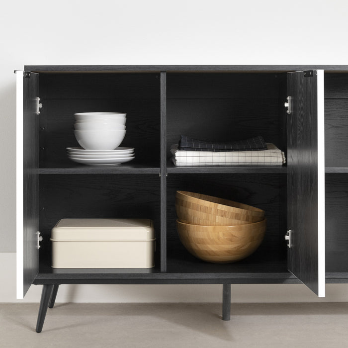 Mezzy 2-door Sideboard With Open Storage - Black Oak And Faux White Marble 