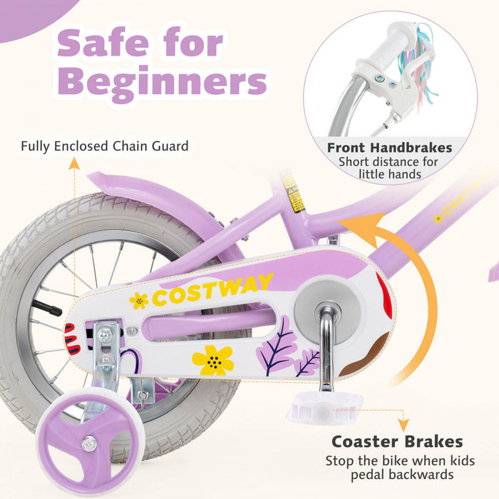 Costway 12 Inch Kids Bike With Training Wheels Doll Seat Basket Streamers Hand Brake Purple