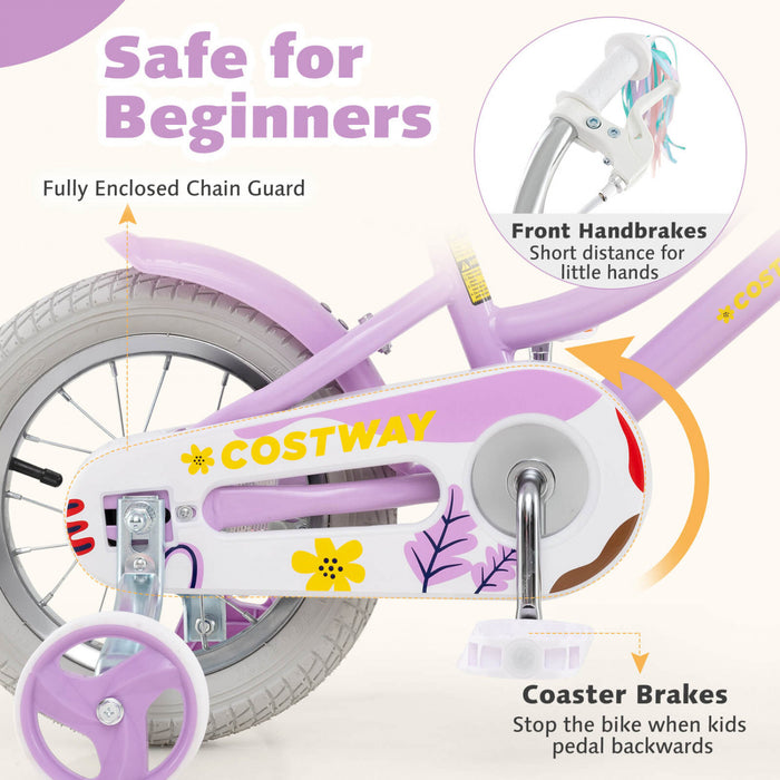 Costway 14 Inch Kids Bike With Training Wheels Doll Seat Basket Streamers Hand Brake Purple