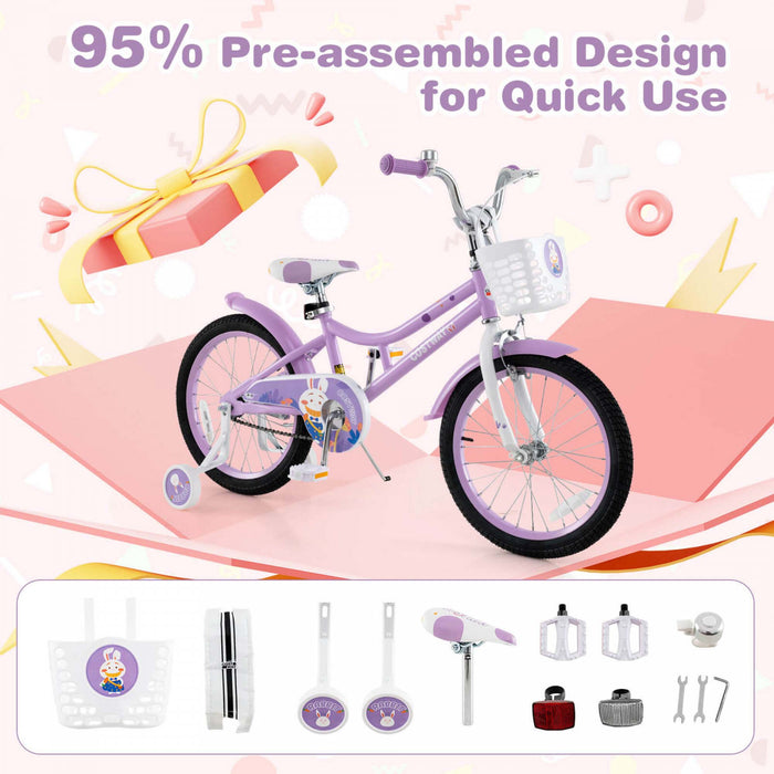 Costway 18\" Girl Bike With Basket Detachable Training Wheels Adjustable Seat Handbrake Coaster Brake Purple