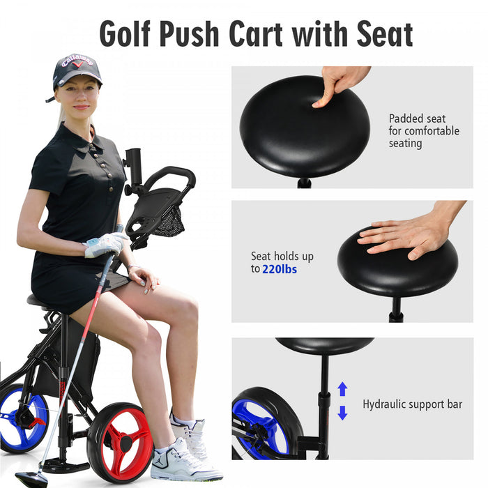 Goplus Folding 3 Wheels Golf Push Cart W/seat Scoreboard Adjustable Handle Blue
