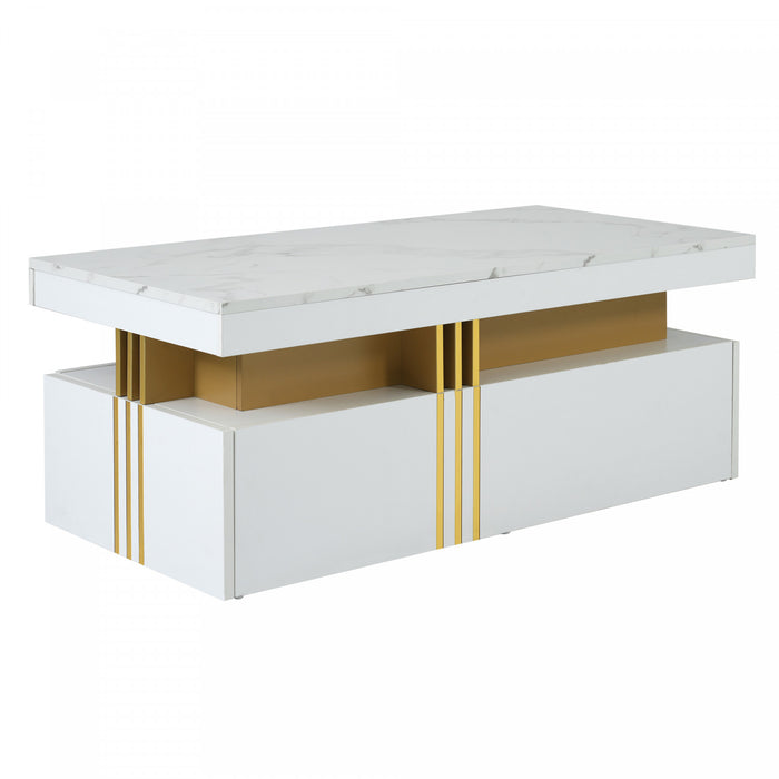 Noah Modern Coffee Table with Marble Pattern Top and Storage Drawers,White