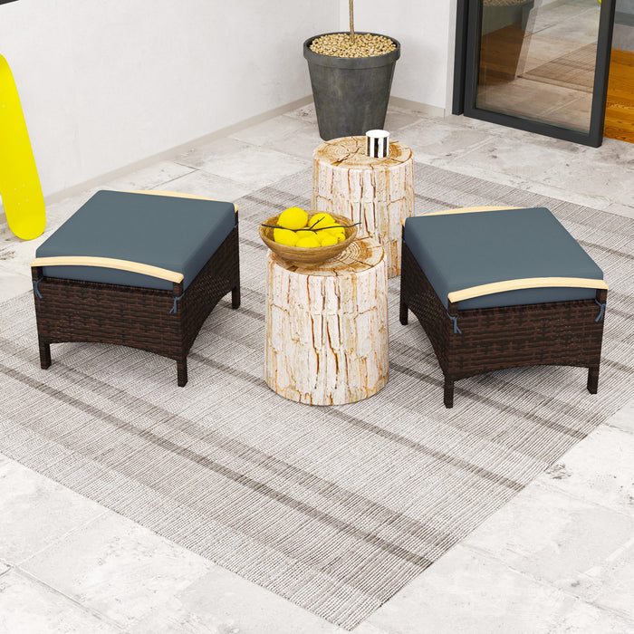 Outsunny 2 Pieces Wicker Outdoor Ottoman Footstool, Removable Cushion, Blue