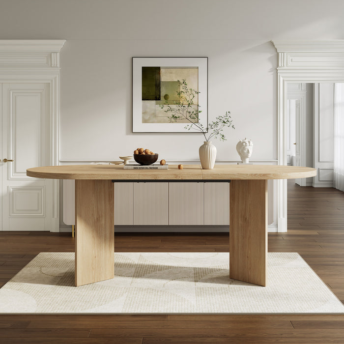 Ovalux 79 Inch Modern Oval Dining Table with Dual Pedestal Base and Wood Finish, Oak