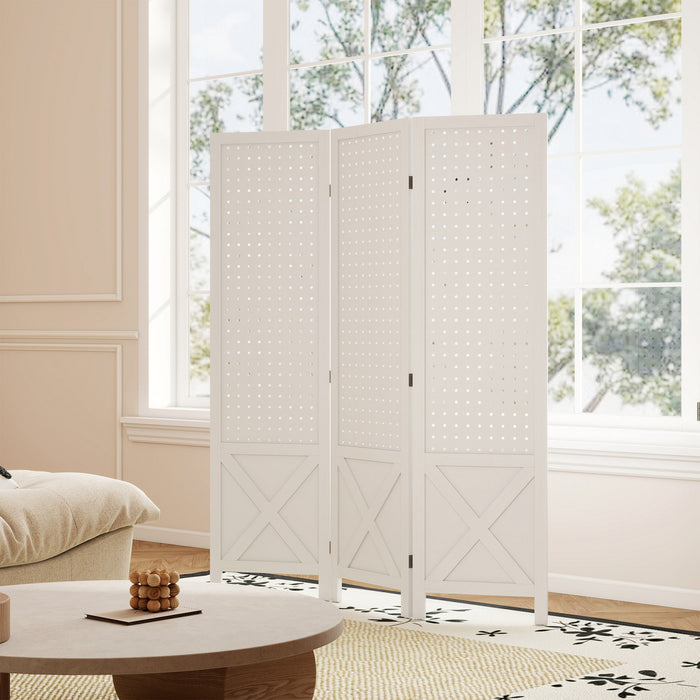 HOMCOM 56.9\" 3 Panel Room Divider with Pegboard Display for Indoor White