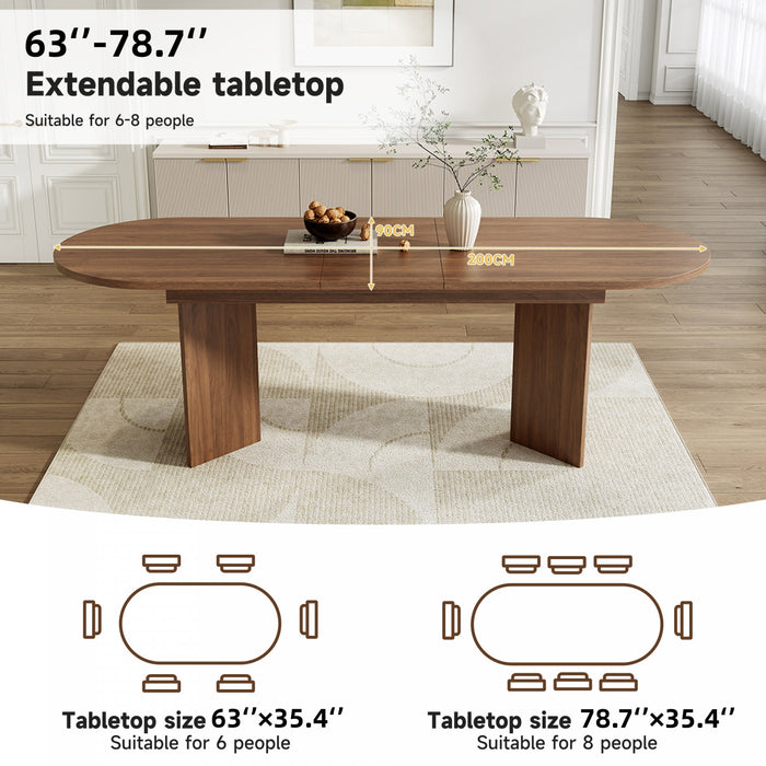 FlexDine 63-79 Inch Oval Extendable Dining Table with Hidden Leaf and Dual Pedestal Base, Walnut