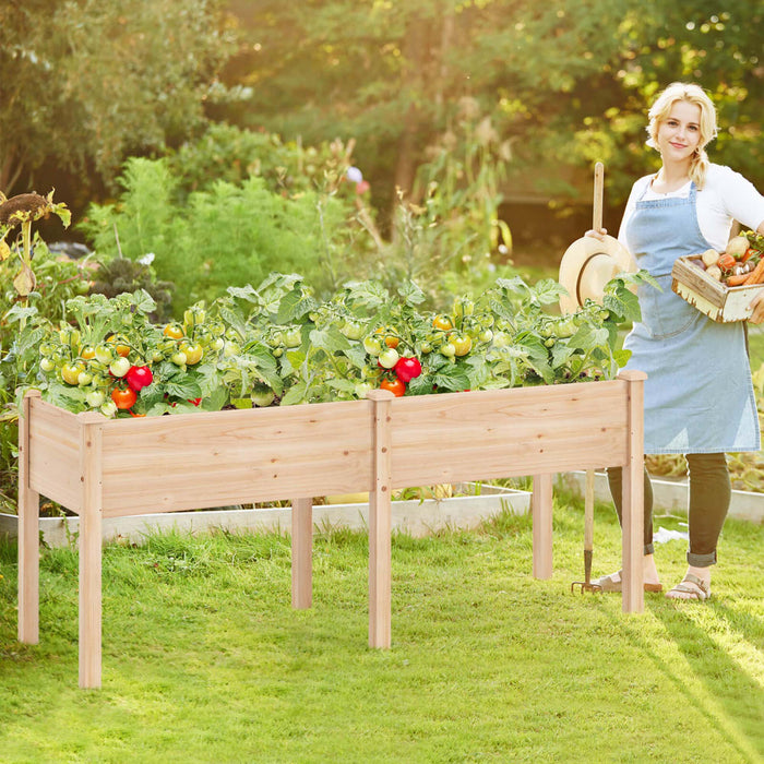 Costway Raised Garden Bed Elevated Fir Wood Planter Box With 2 Large Planting Areas Beige