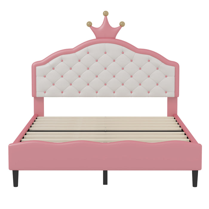 Lily Lovely Crown Fantasy Princess Bed with Tufted PU Leather Headboard,Full Size Full Bed