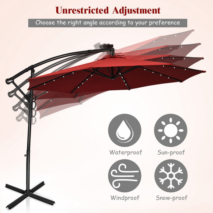 Costway 10FT Patio Offset Umbrella Solar LED 360degrees Rotation Burgundy