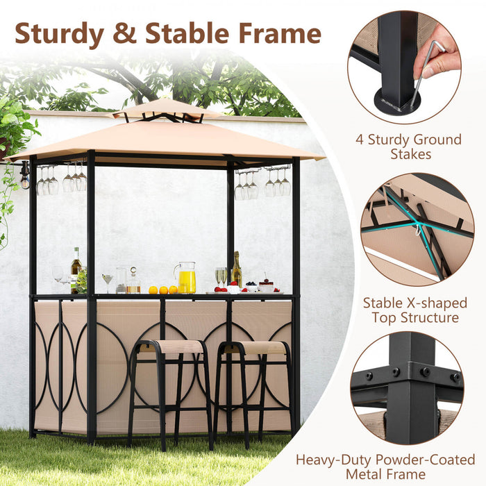 Costway 6.5 X 4 X 8 Ft Grill Gazebo Set With 2 Bar Stools, Tempered Glass Bar Table Brown