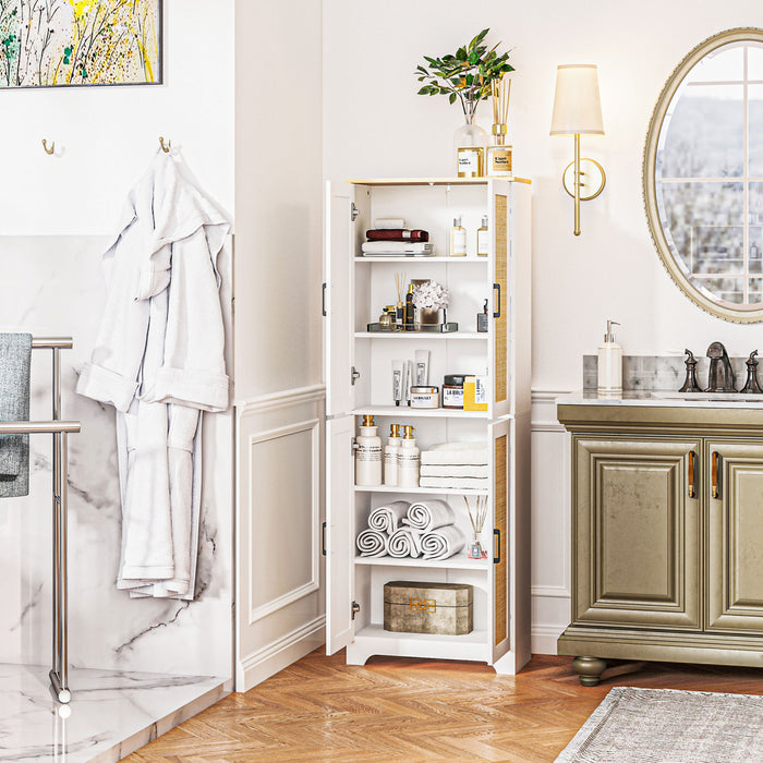HOMCOM Kitchen Pantry with 4 Rattan Doors and Adjustable Shelves, White