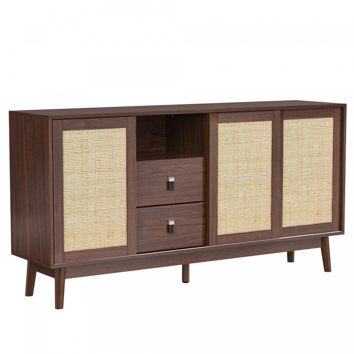 Oliver 61\" Sideboard Cabinet with Rattan Sliding Doors and Drawers,Dark Brown Accent Cabinet