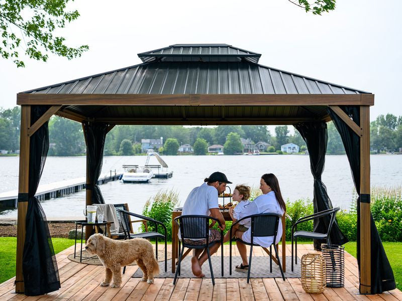 Yosemite 10 X 10' Double Roof Galvanized Steel Roof, Aluminum Posts Wood Finish