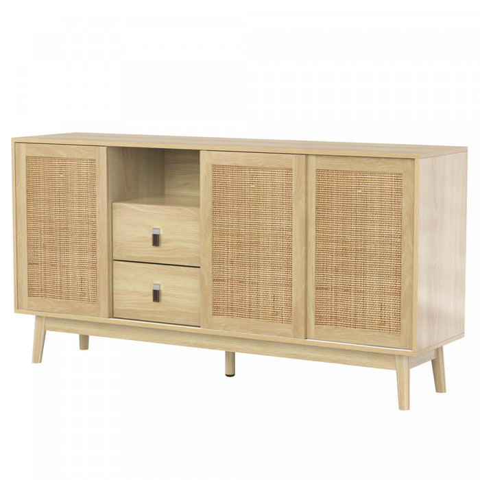 Oliver 61\" Sideboard Cabinet with Rattan Sliding Doors and Drawers,Natural Accent Cabinet