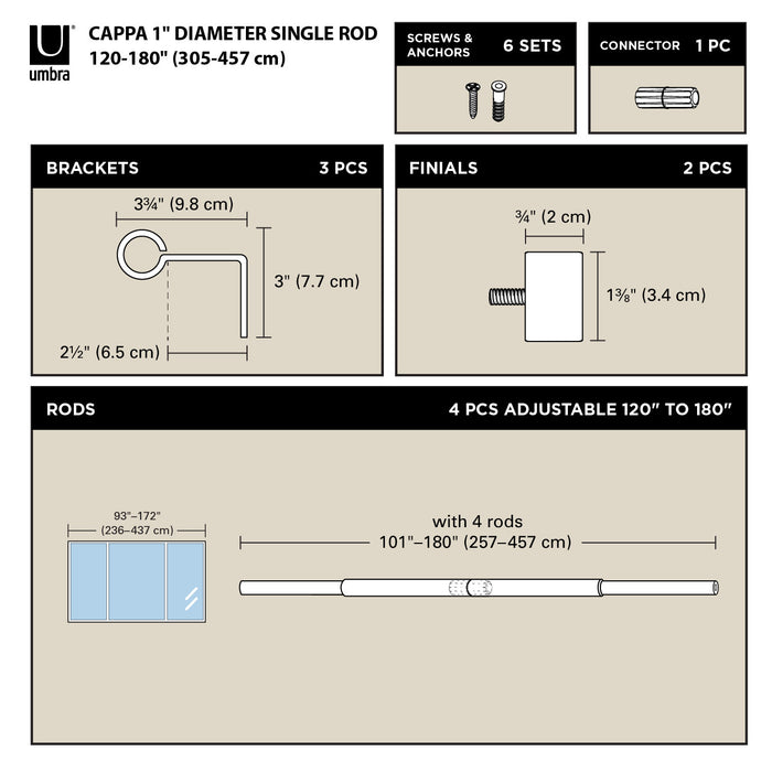 Umbra Cappa Nickel Expandable 1\" Curtain Rod - 120\"-180\" 
