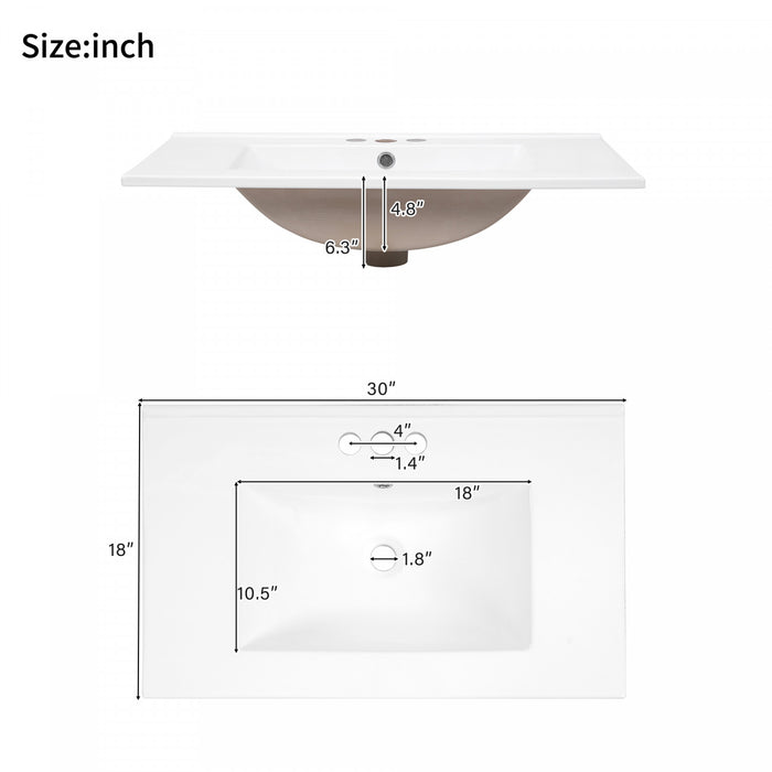 Savannah 30 Inch Bathroom Vanity with Ceramic Sink and Spacious Storage Cabinet, Grey
