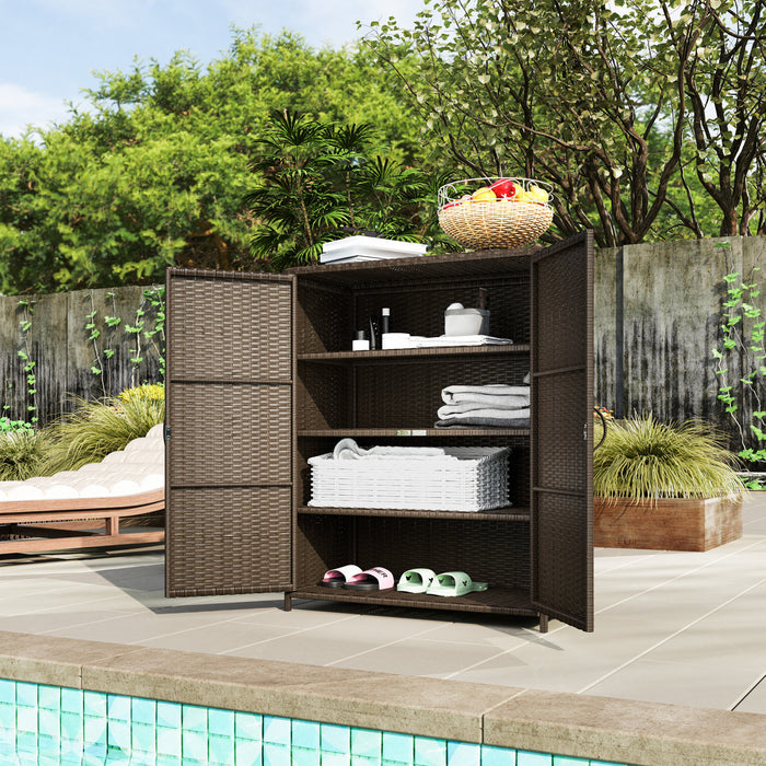 Outsunny Wicker Outdoor Storage Cabinet, 4-Shelf Pool Storage, Espresso