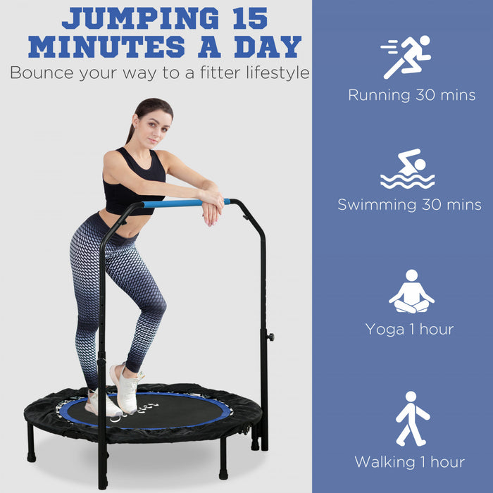 Soozier 40\" Foldable Rebounder Trampoline for Adult, Mini Trampoline Indoor and Outdoor with 4 Level Adjustable U-Shaped Foam Handle, Quiet and Safe Bungee Rebounder, Blue