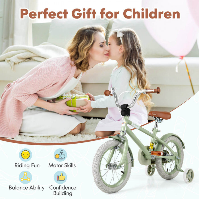 Costway 14\" Kids Bike With Adjustable Saddle Handlebar Removable Training Wheels Handbrake Green