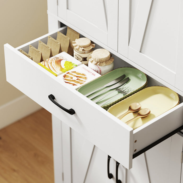 72\" Kitchen Pantry Cabinet, Kitchen Storage Cabinet with Barn Doors, White