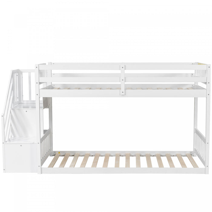 Liam Floor Bunk Bed with Ladder and Storage,Twin over Twin,White Twin Bed