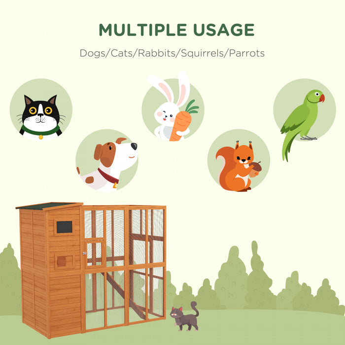 Pawhut Large Catio Outdoor Cat Enclosure Weatherproof Cat House With Cat Condo, Indoor Wooden Cat Cage Pet Kennel, 77\"l X 38\"w X 69\"h