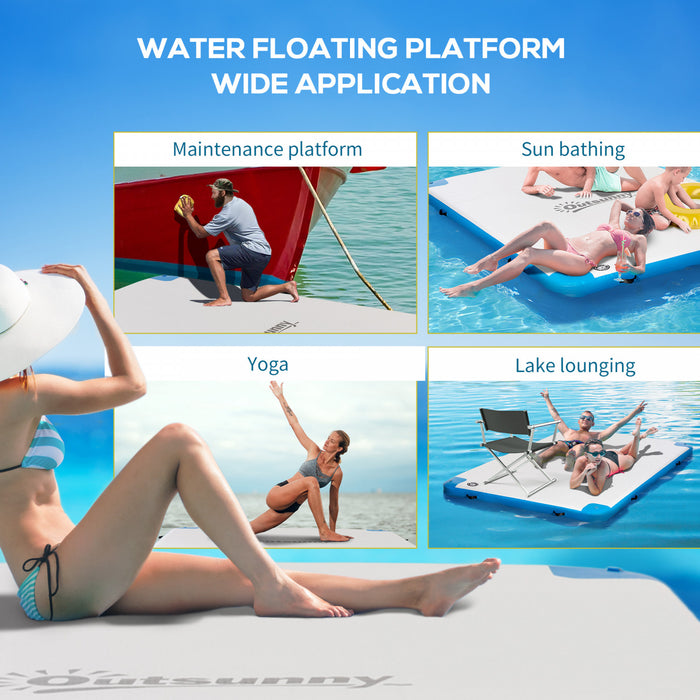 Outsunny 8' x 6' Water Inflatable Floating Dock, Rafting Platform Island, Large Mat with Air Pump & Backpack, for Pool, Beach, Ocean, Blue