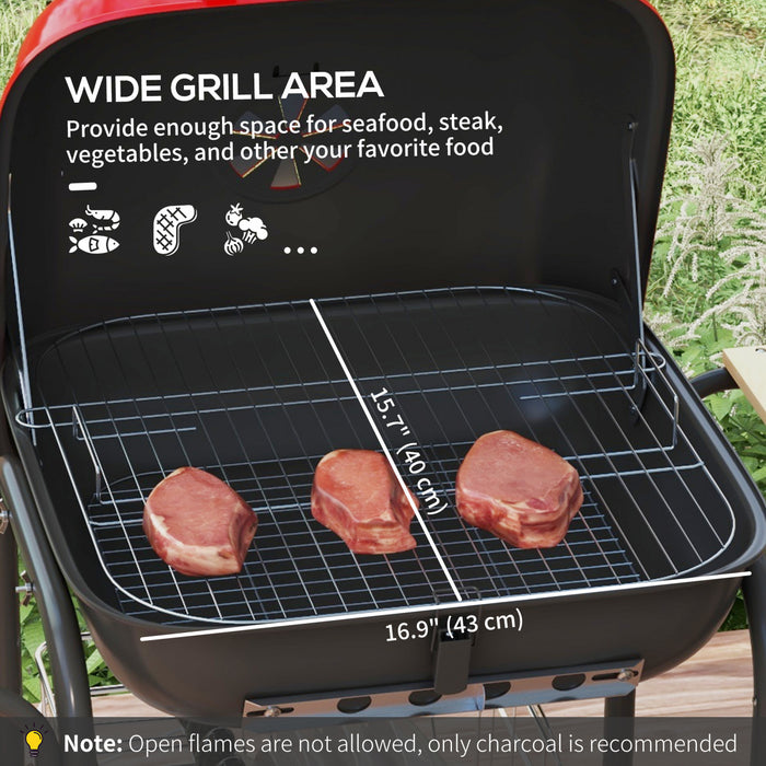 Outsunny Charcoal BBQ Grill Rolling Barbecue Trolley Smoker with Wheels, 2 Side Shelves and a Bottom Shelf Patio Outdoor Garden, Black and Red