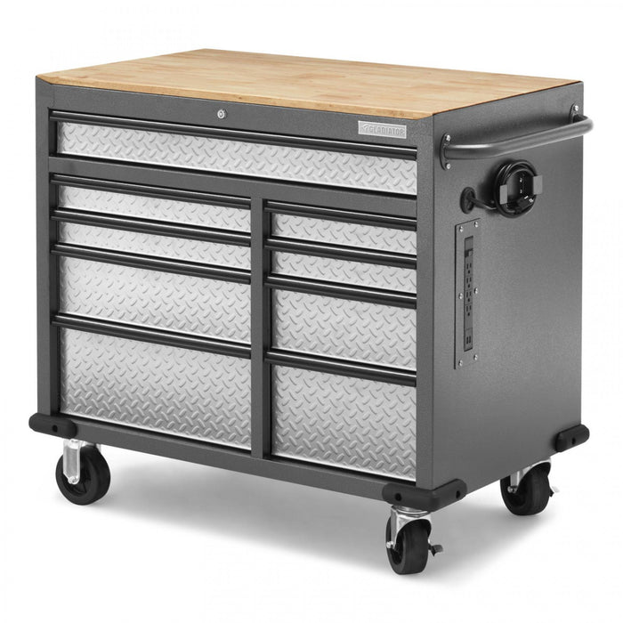 Gladiator Premier 41\" 9-Drawer Mobile Tool Workbench with Solid Wood Top - Silver Tread