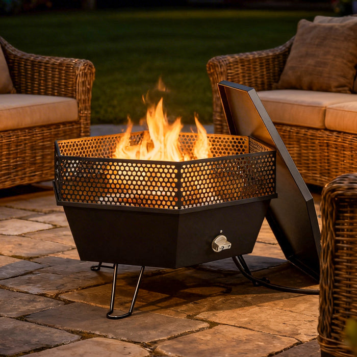 Outsunny Outdoor Fire Pit, Foldable Propane Firepits with Lid, Black