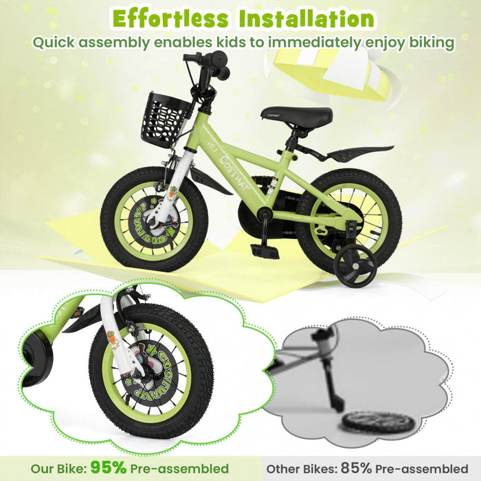 Costway 12\" Kid's Bike For 3-4 With Height-adjustable Handlebar & Saddle Handbrake Green