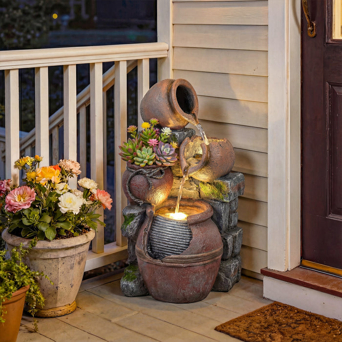 Outsunny Outdoor Fountain with LED Lights, Cascading Rock Waterfall