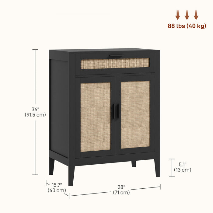 HOMCOM Boho Floor Storage Cabinet with Rattan Decorated Doors Drawer Black