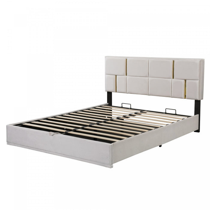 Joyce Upholstered Platform Bed With Hydraulic Storage And Velvet Frame,queen Size,beige Queen Bed